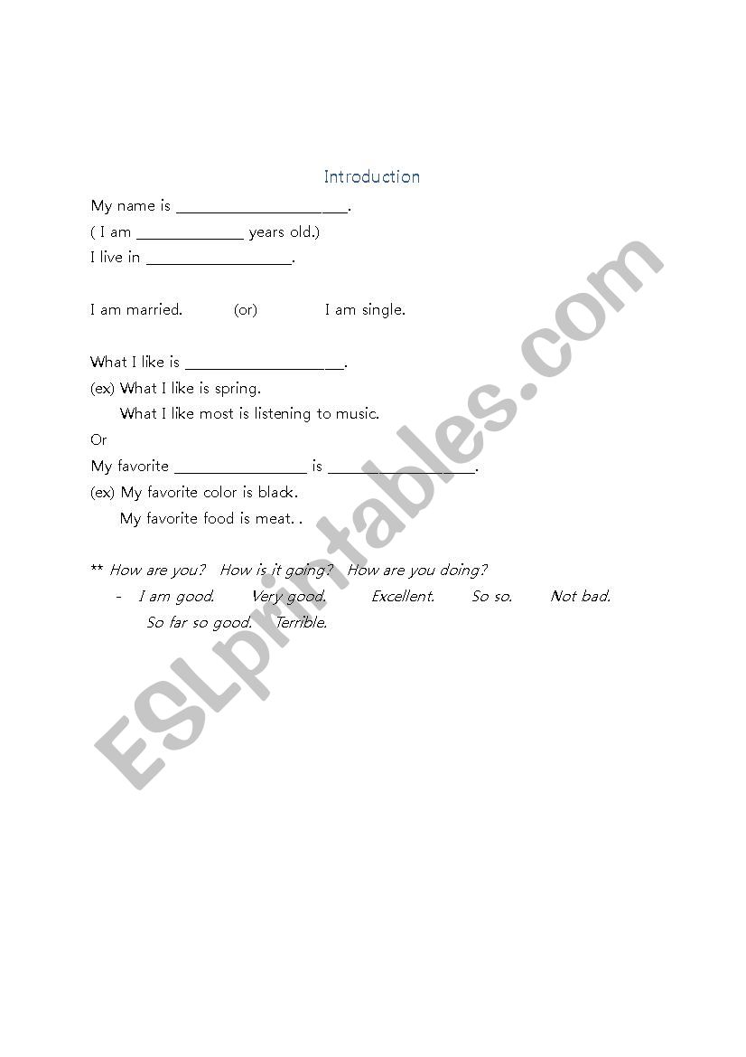 Introduction (speaking class) worksheet