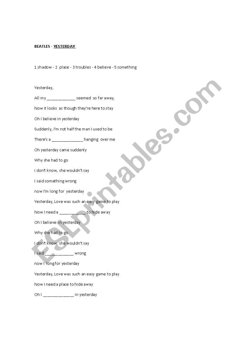 YESTERDAY - THE BEATLES worksheet