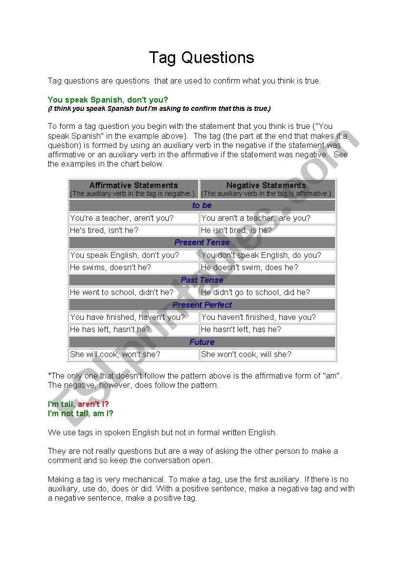 Tag questions worksheet