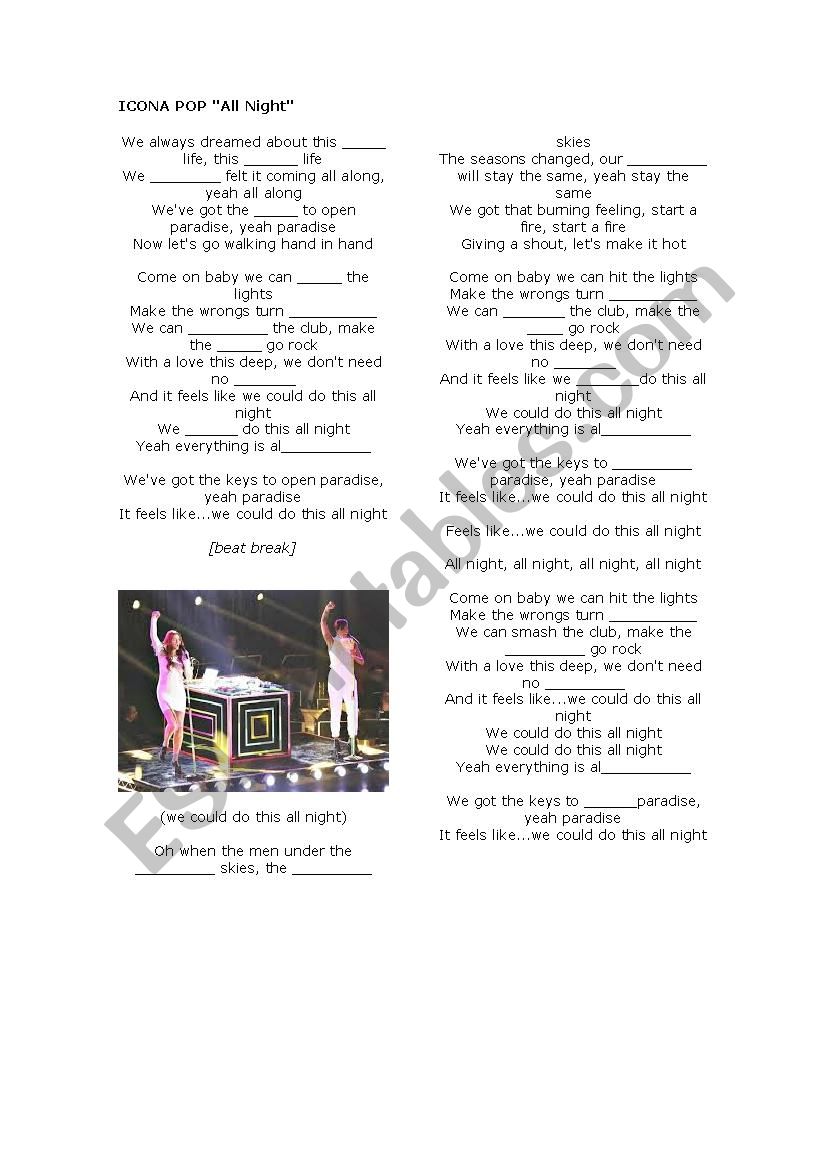 song: all night by icona pop worksheet