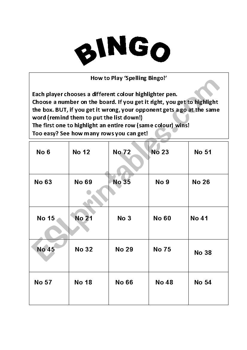 Spelling Bingo Card - Editable