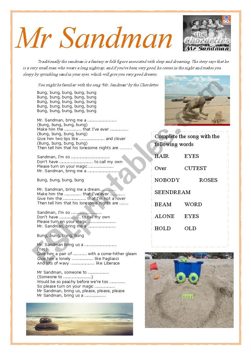 Song: Mr Sandman worksheet