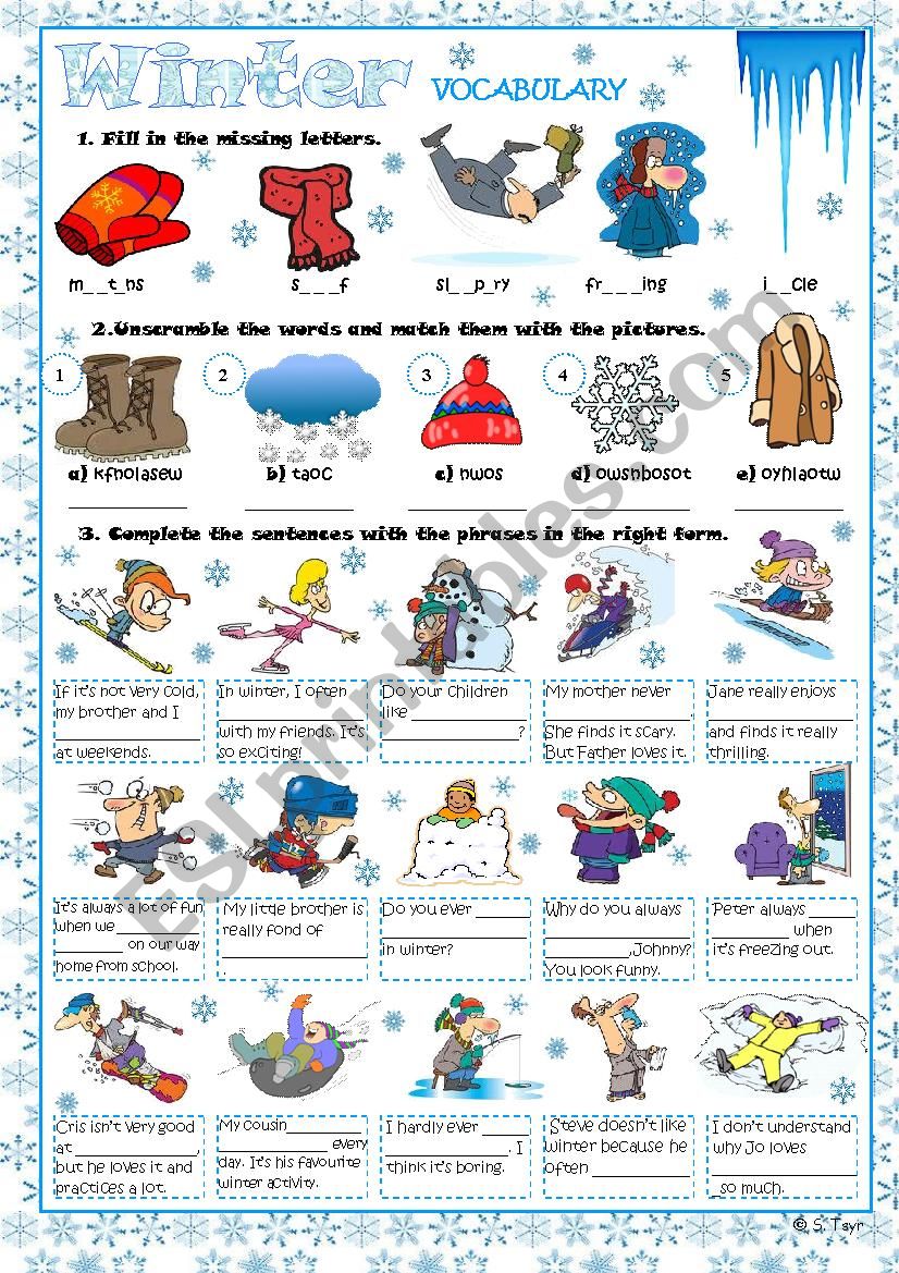 Winter vocabulary exercises worksheet