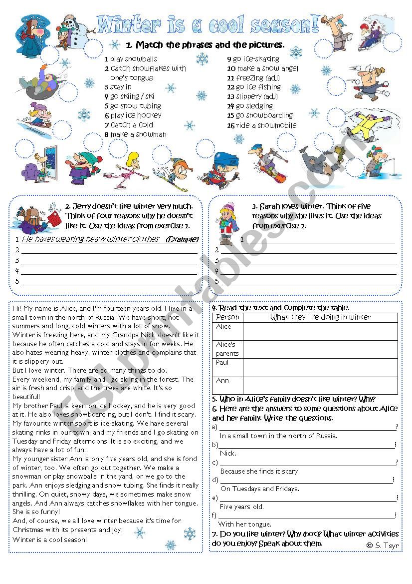 Winter activities worksheet