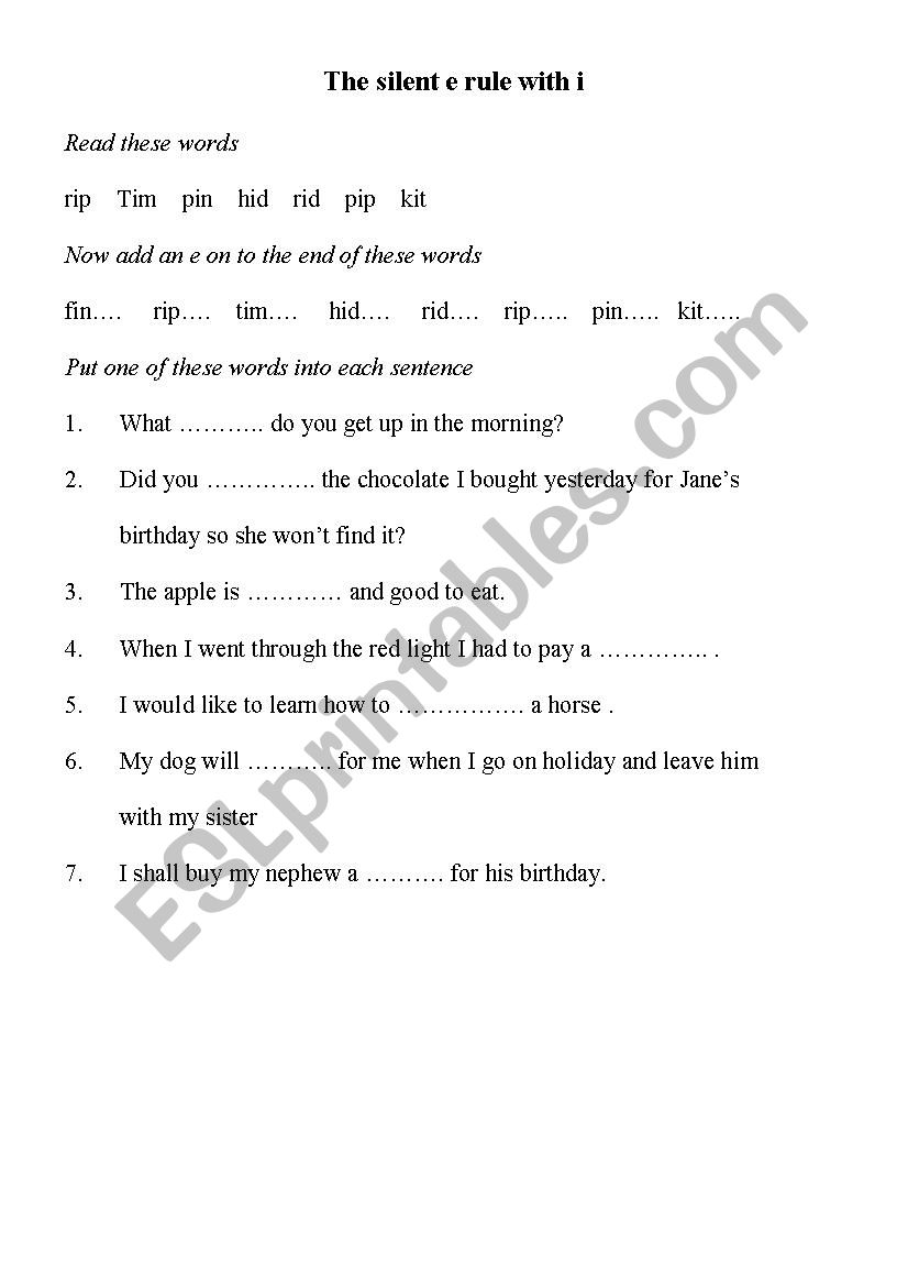 The silent e rule with i worksheet