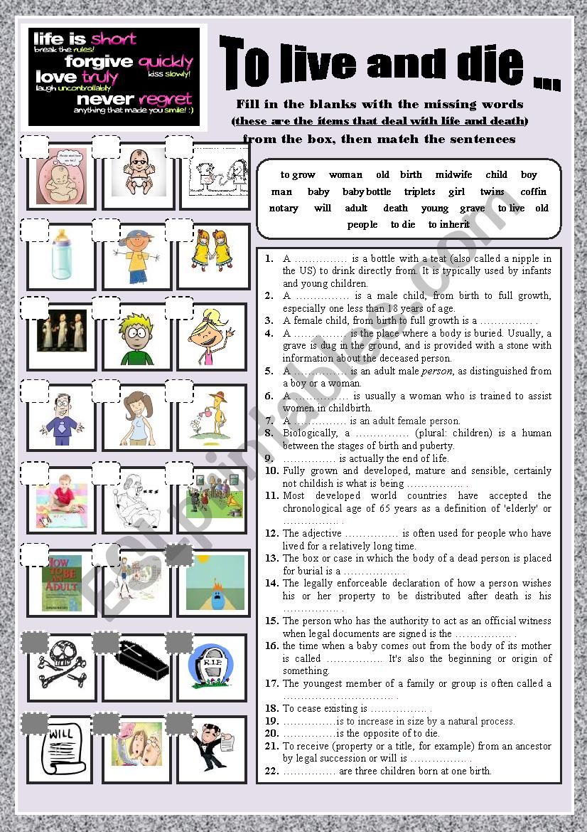 To live and die. (Vocabulary) worksheet