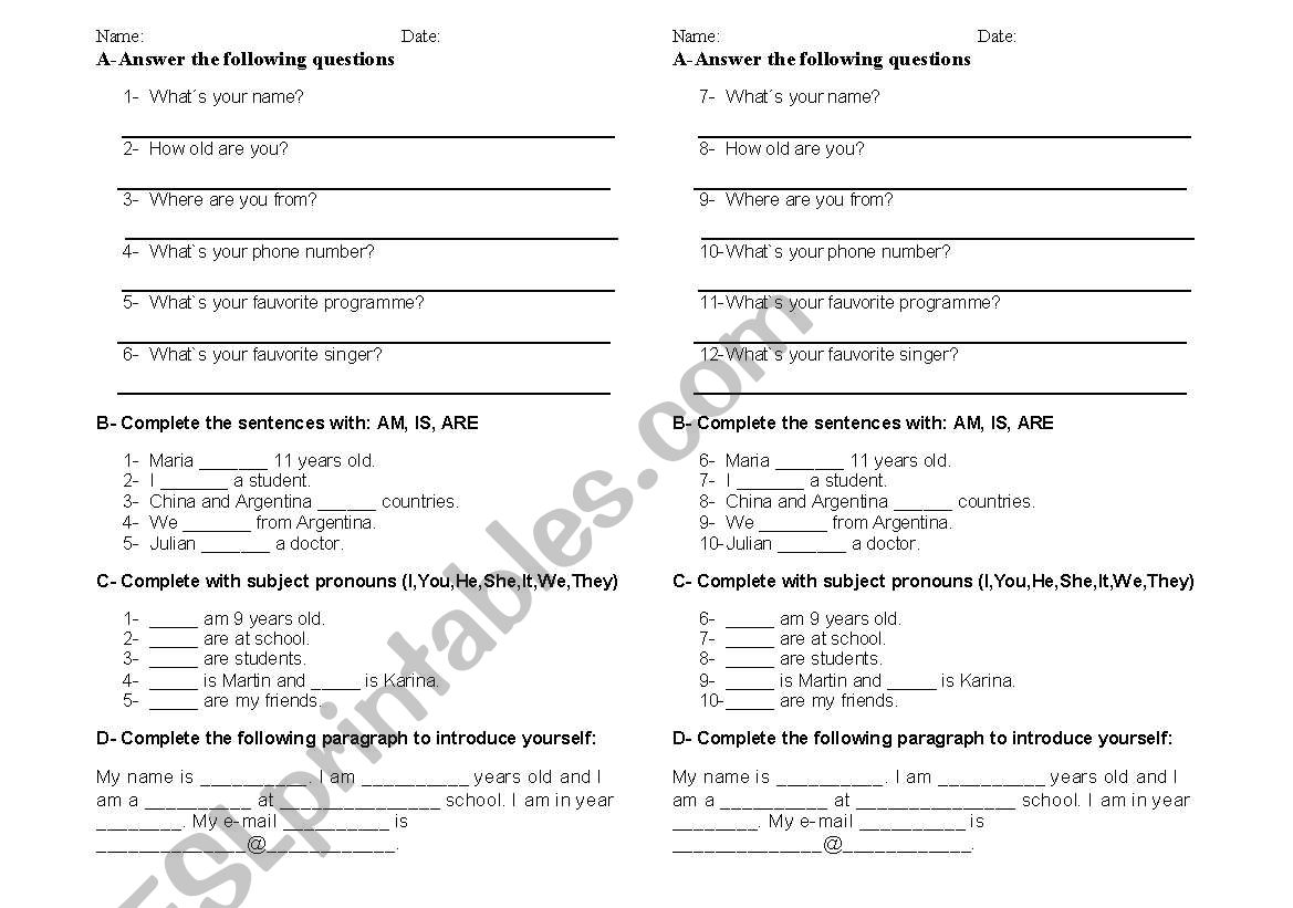 verb to be worksheet