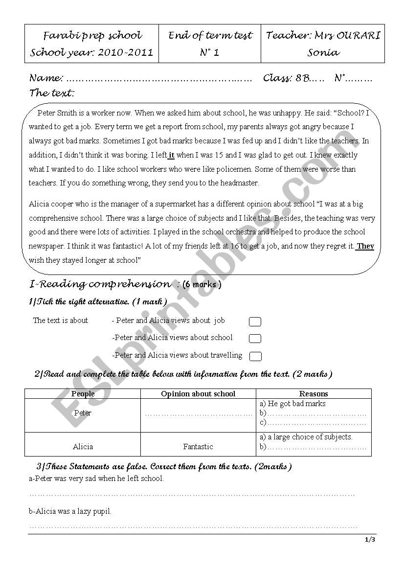end term test 1 8th form worksheet