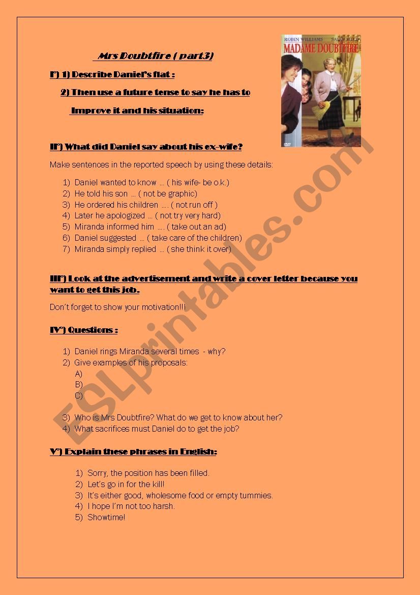 Film Mrs Doubtfire ( part3)  worksheet