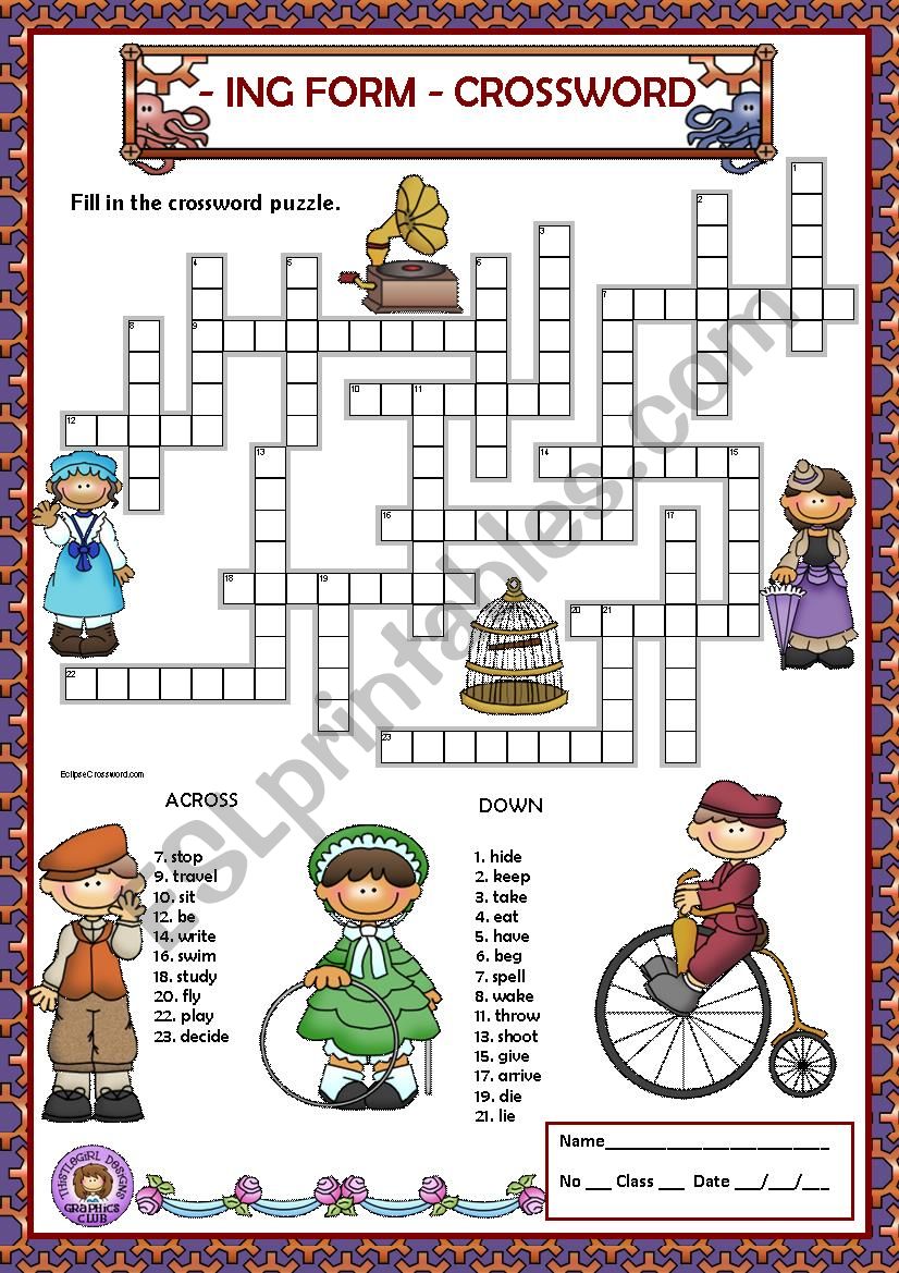 -ING FORM - CROSSWORD + KEY worksheet