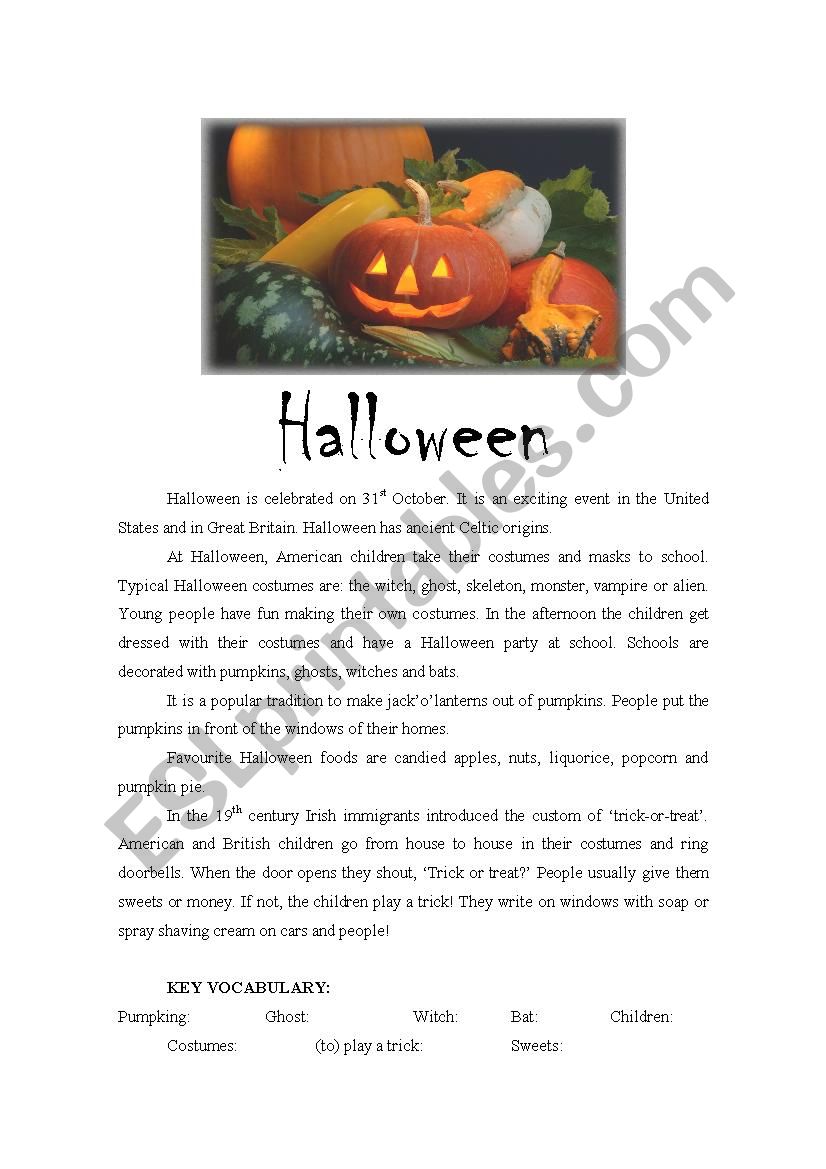 Halloween text worksheet