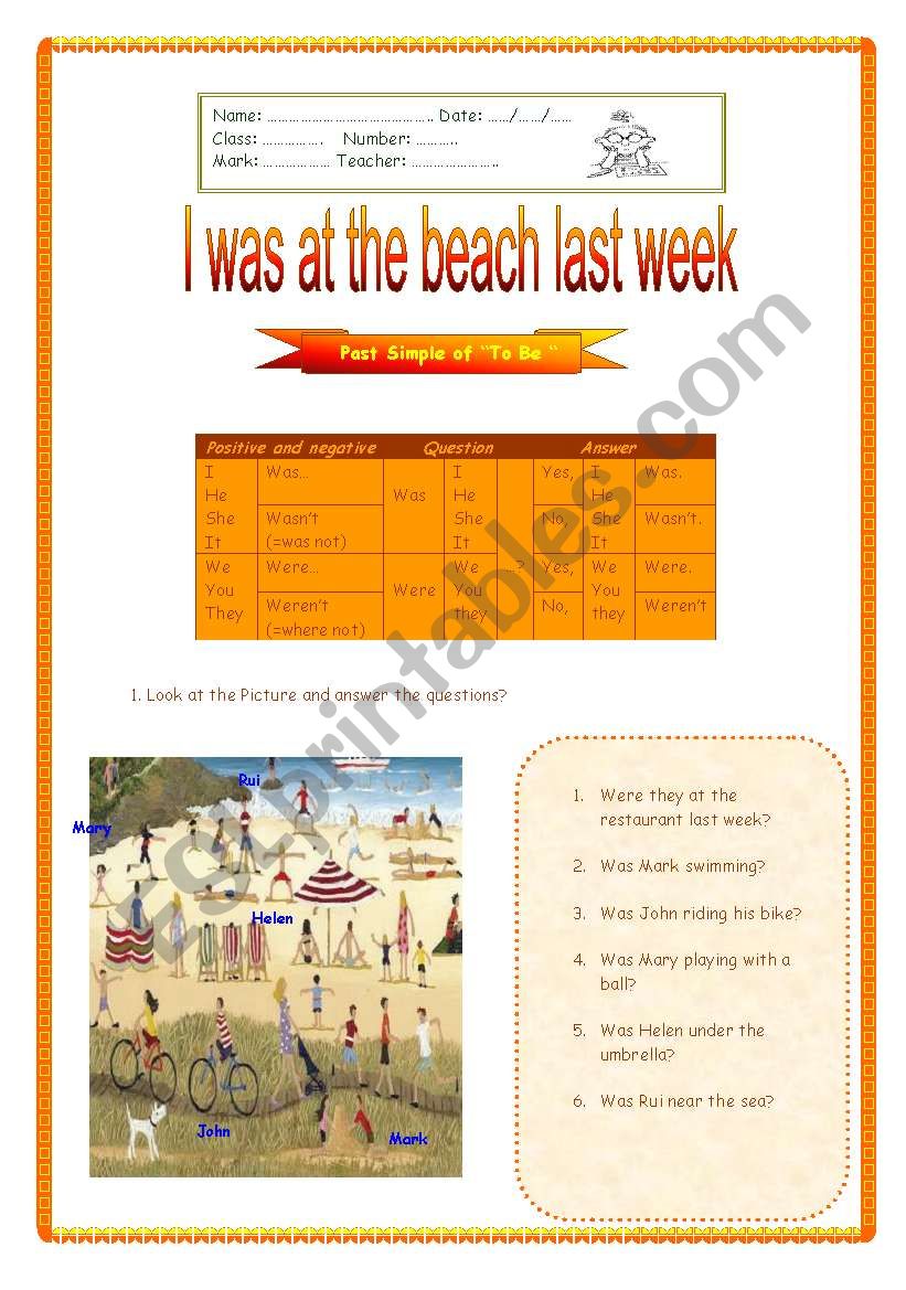 I was at the beach last week  worksheet