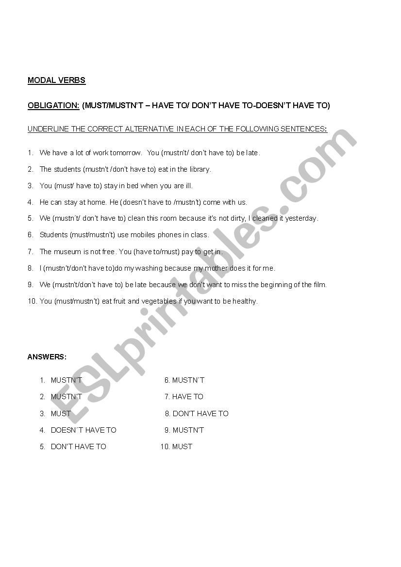 modal verbs obligation worksheet