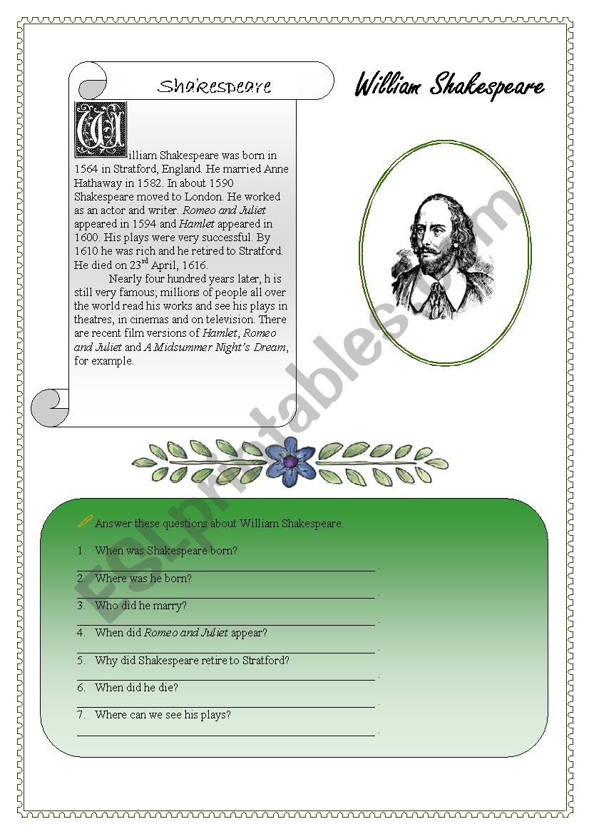 William Shakespeare worksheet