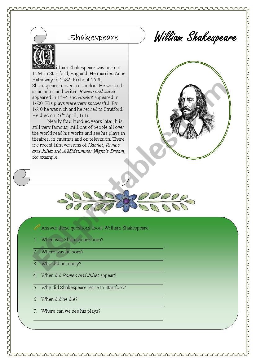 William Shakespeare worksheet