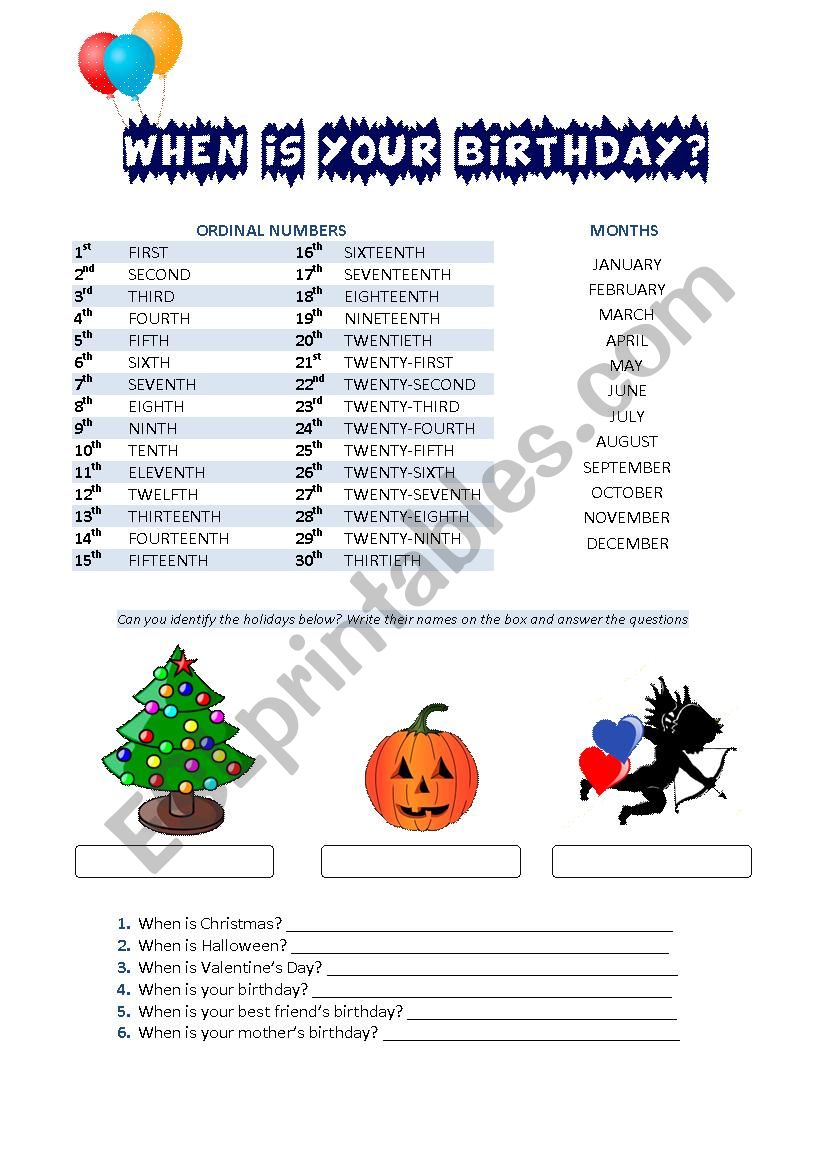 Ordinal Numbers, Month and Holidays