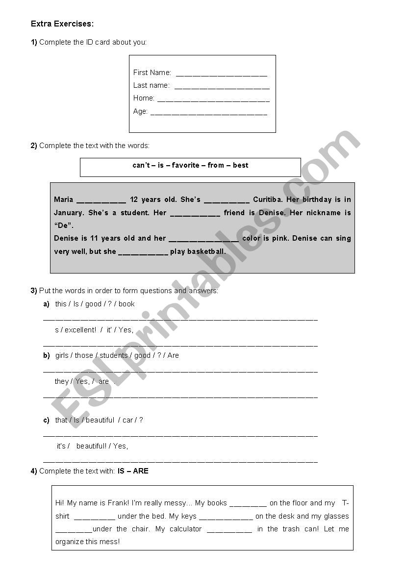 Review Activity - Verb to be / Can / Cant / Word order