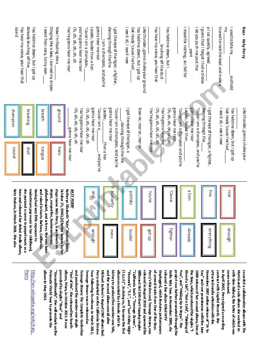 ROAR - BY KATY PERRY worksheet