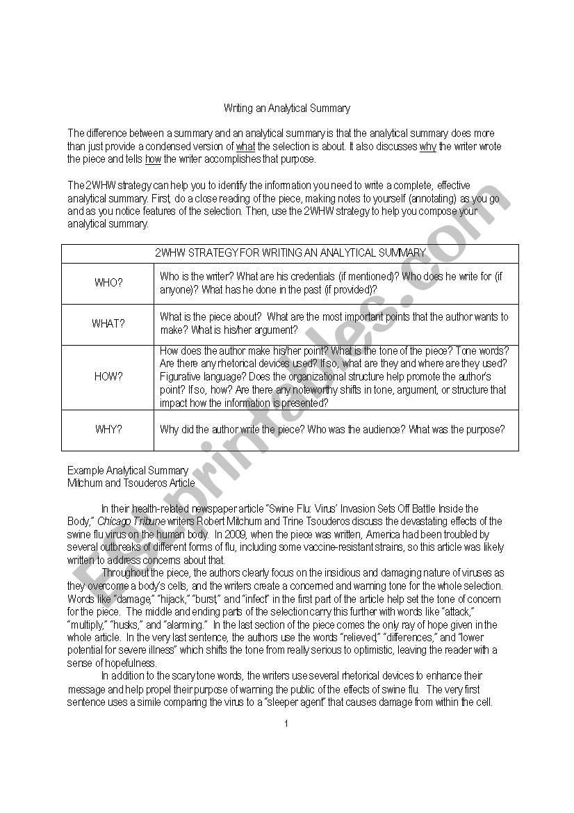 Writing an Analytical Summary worksheet