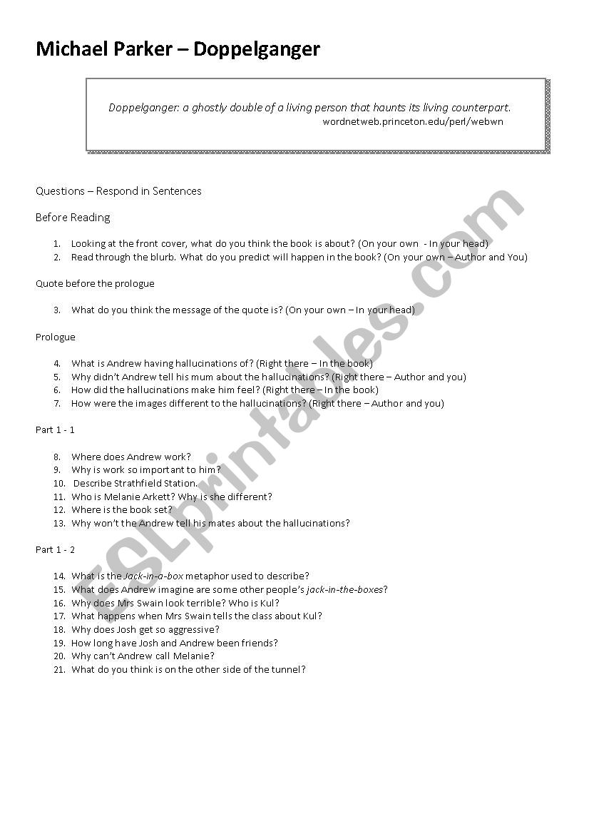 Doppelganger - Book Study worksheet