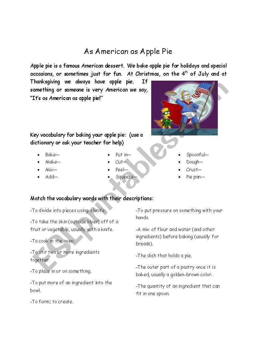 All American Apple Pie worksheet