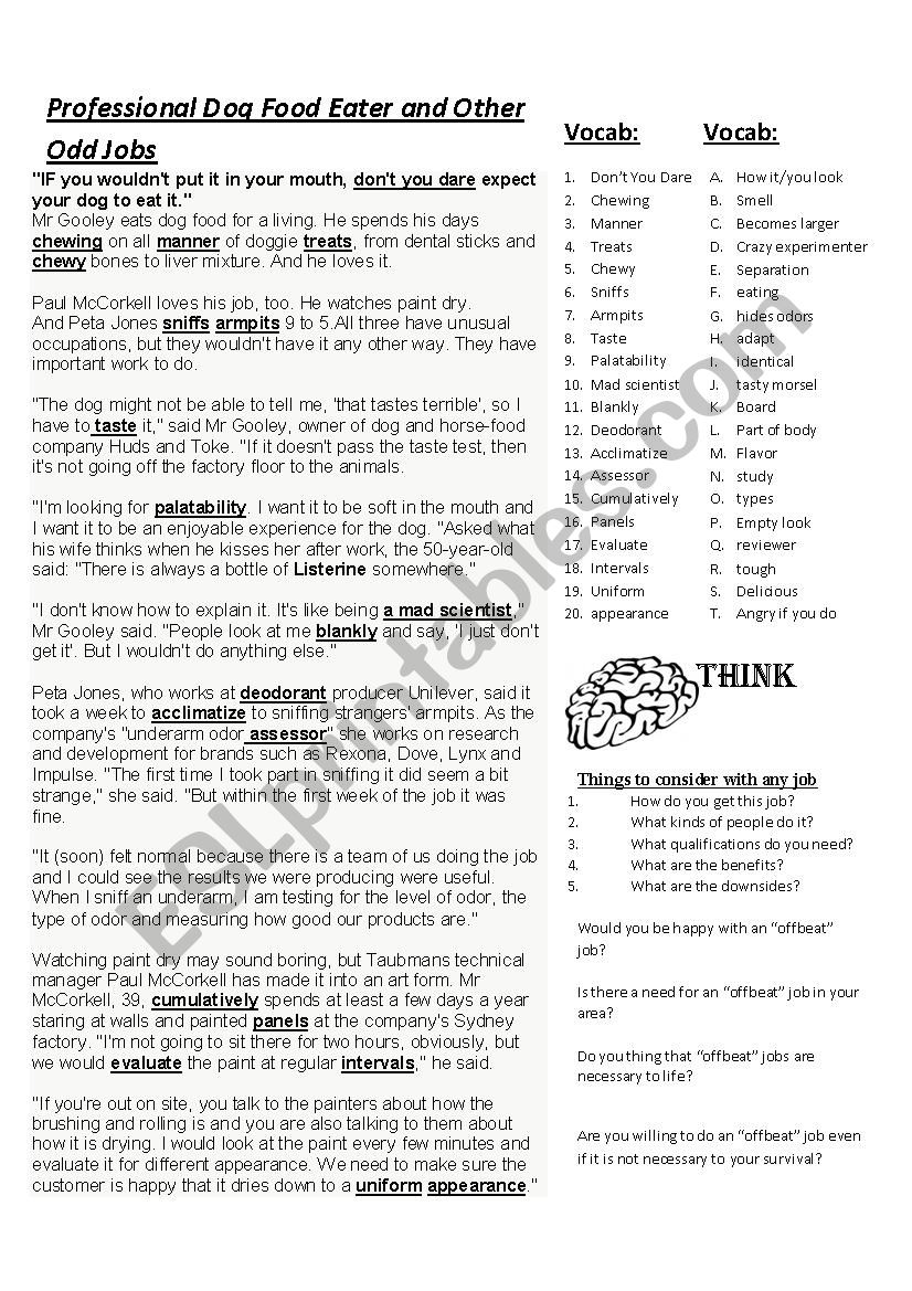 Off Beat Jobs worksheet