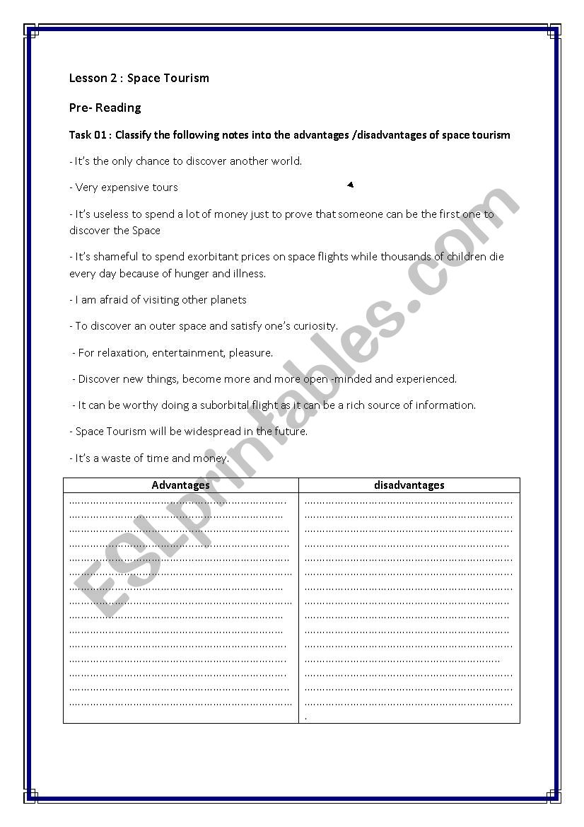 space tourism worksheet