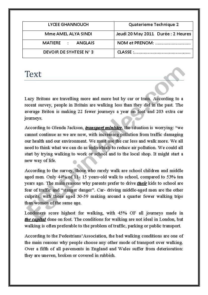 devoir de synthese worksheet