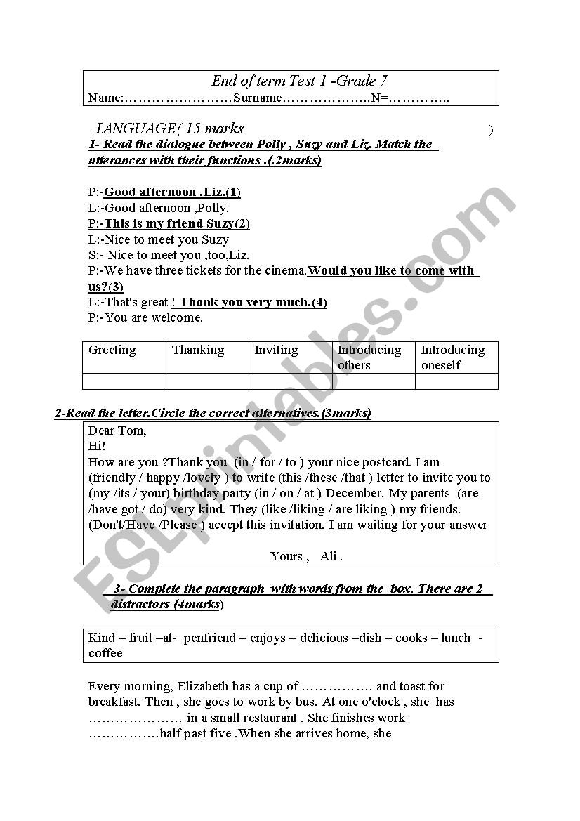 END OF TERM TEST N 1 worksheet