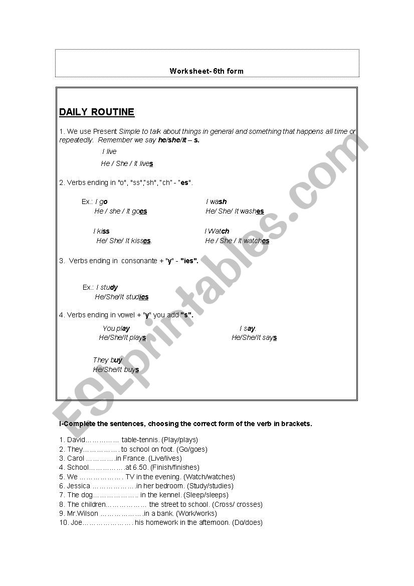 Daily routine worksheet