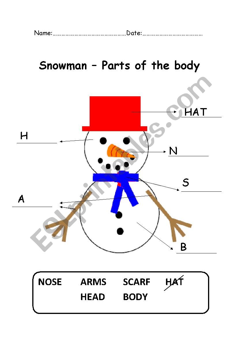 Snowman, parts of the body worksheet