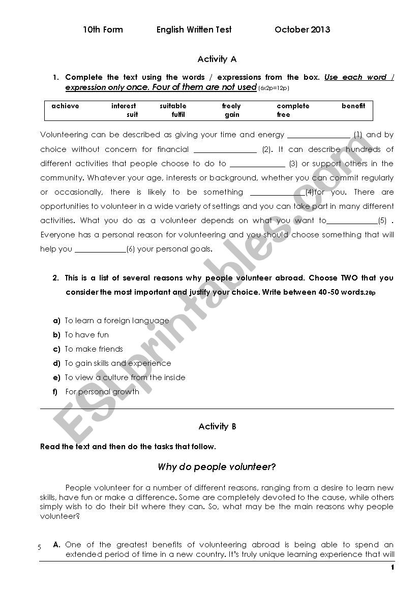 Volunteering work worksheet