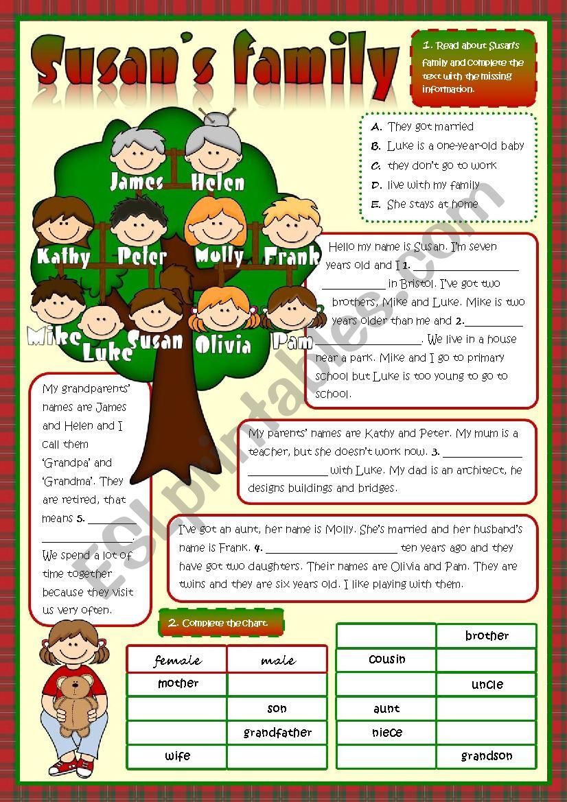 Susans family - reading worksheet