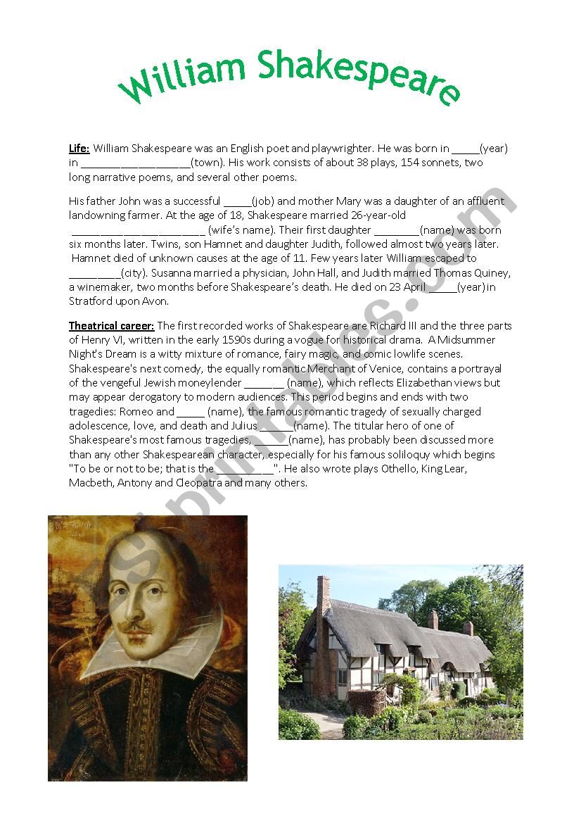 William Shakespeare worksheet