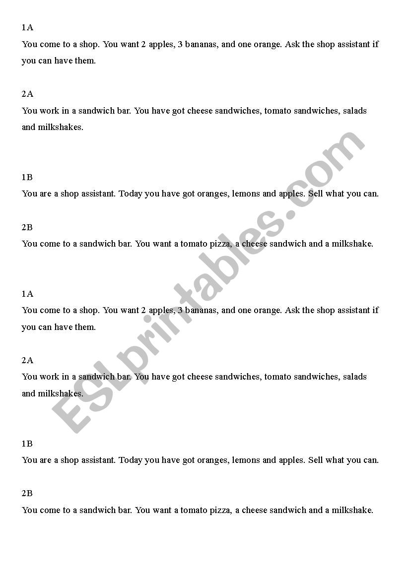 Buying Food Roleplay worksheet