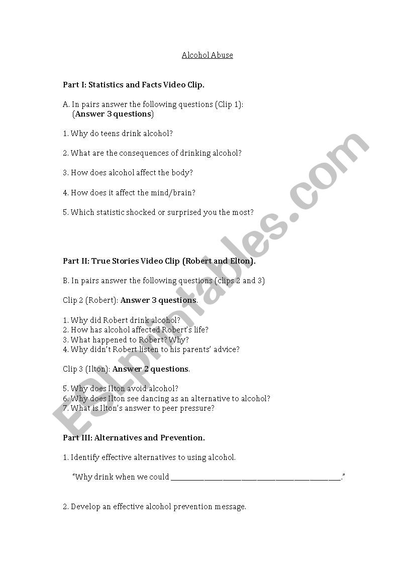 Alcohol Abuse worksheet