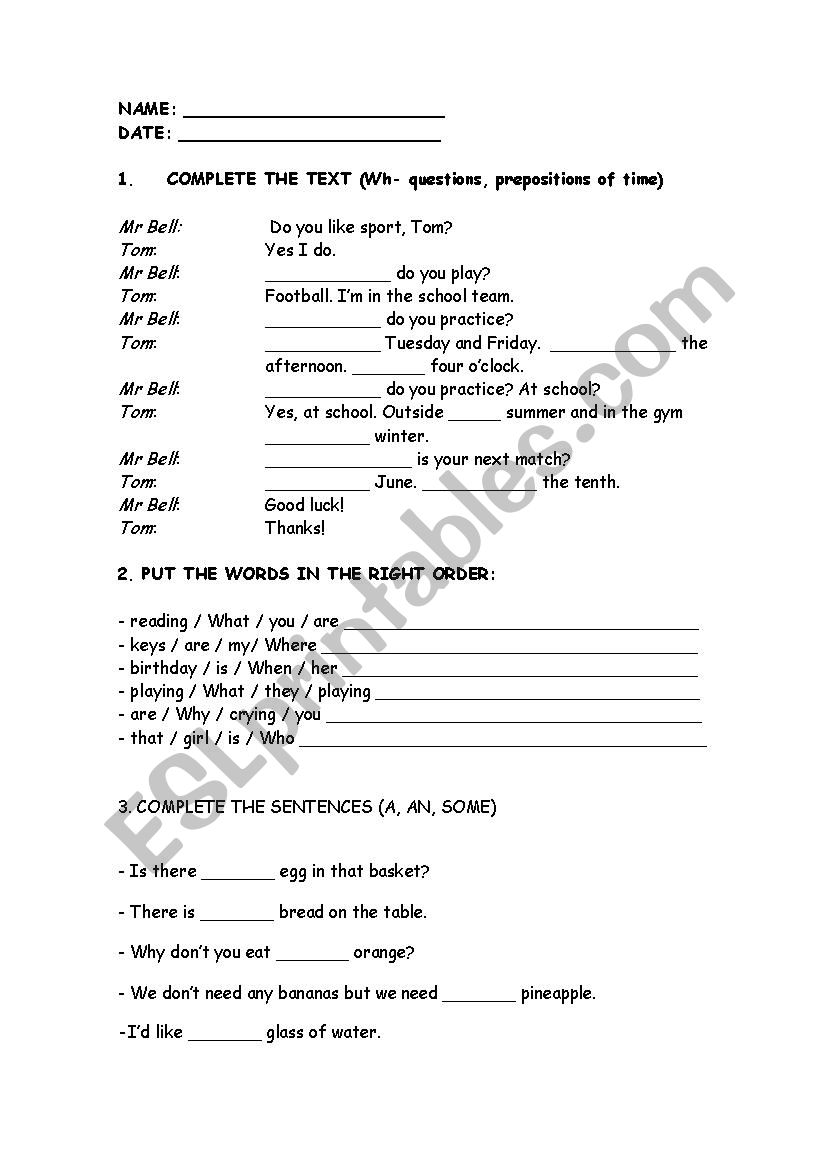 WH QUESTIONS, PREPOSITION OF TIME REVIEW