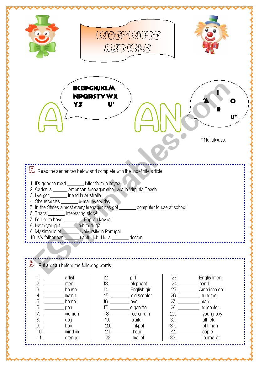 Indefinite Article- a&an worksheet