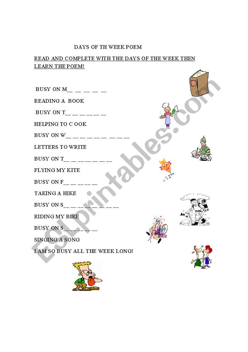 DAYS OF THE WEEK POEM worksheet