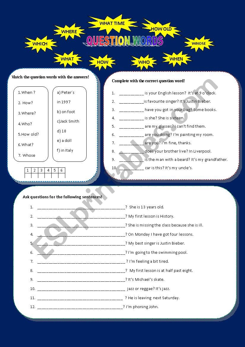 question words worksheet