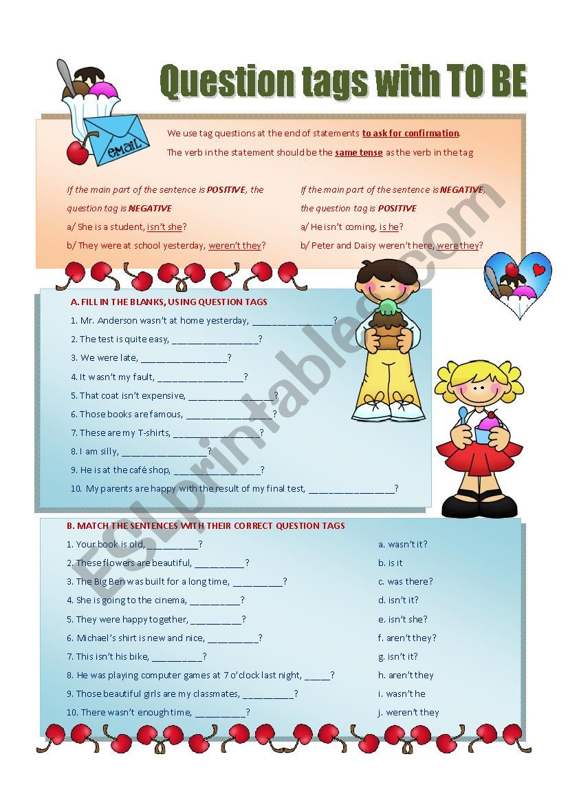 Question tag with TO BE worksheet