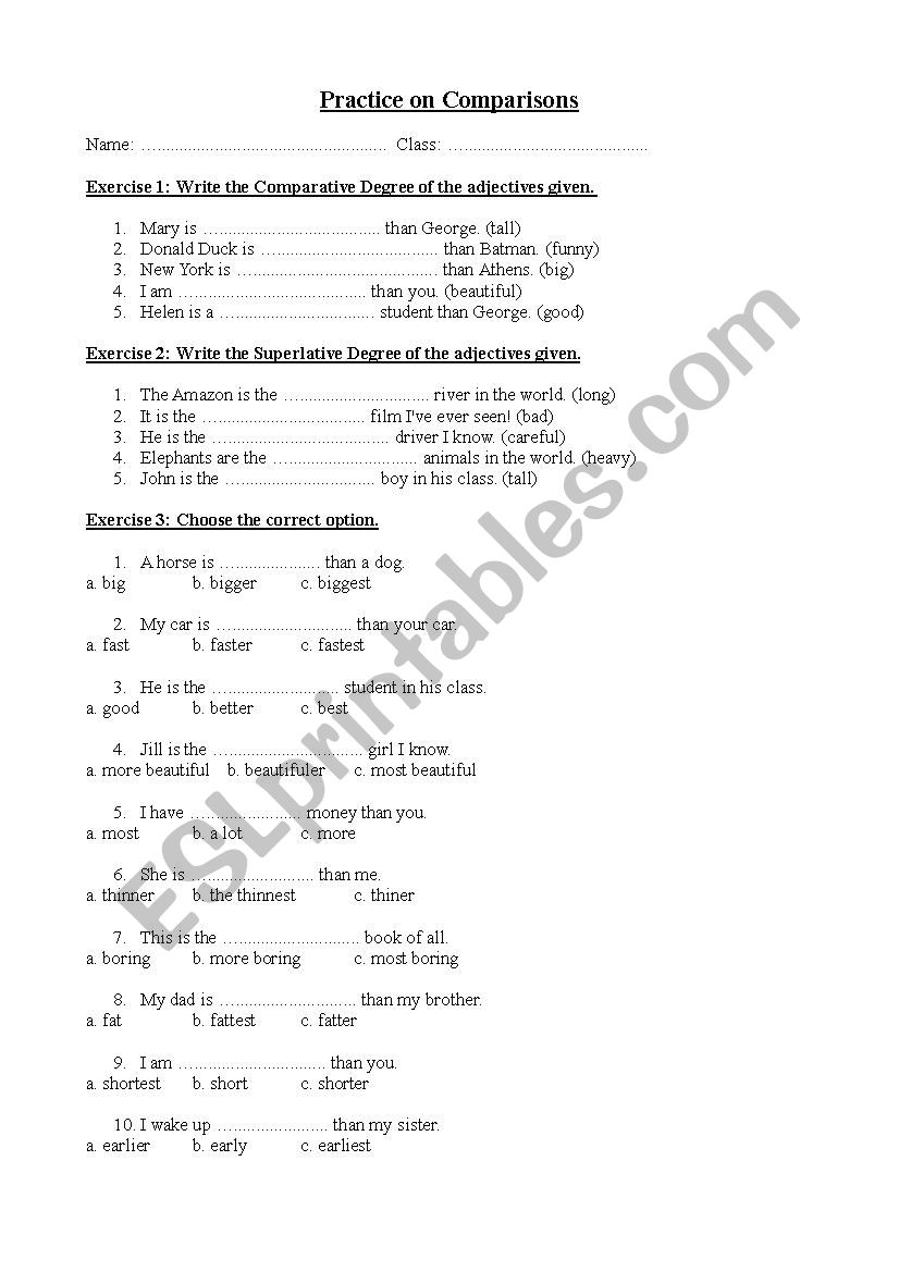 Practice on Comparisons worksheet