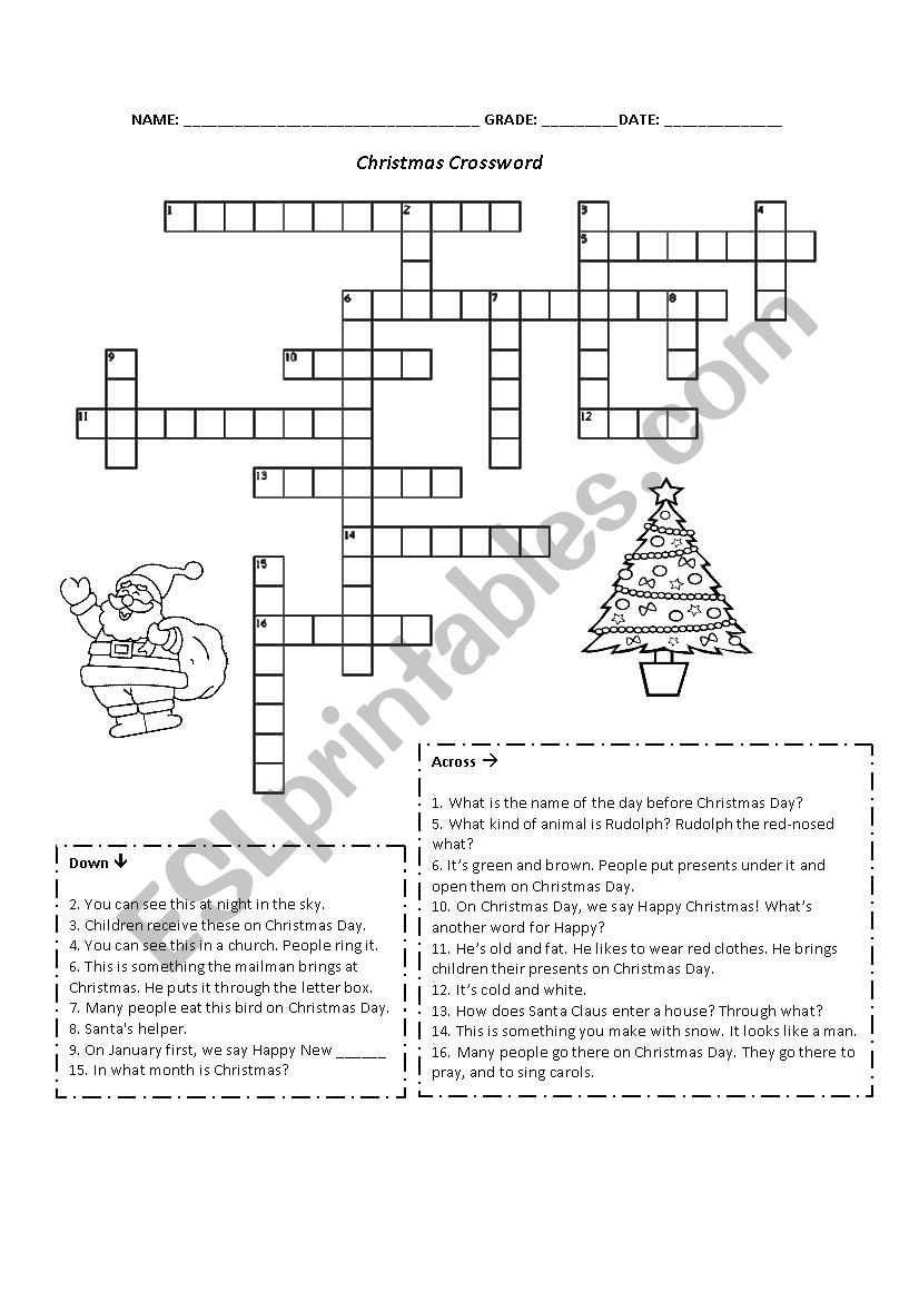 Christmas crossword worksheet