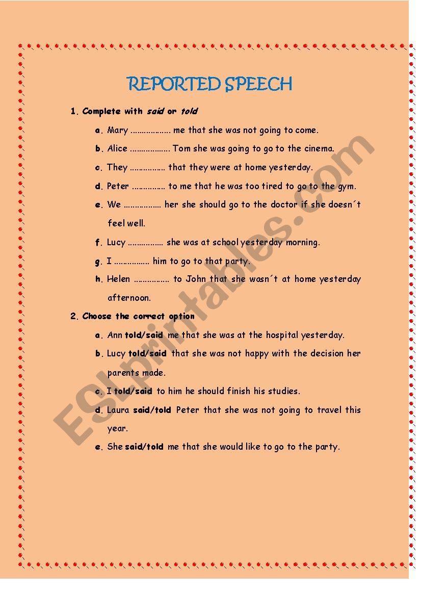 Reported Speech worksheet