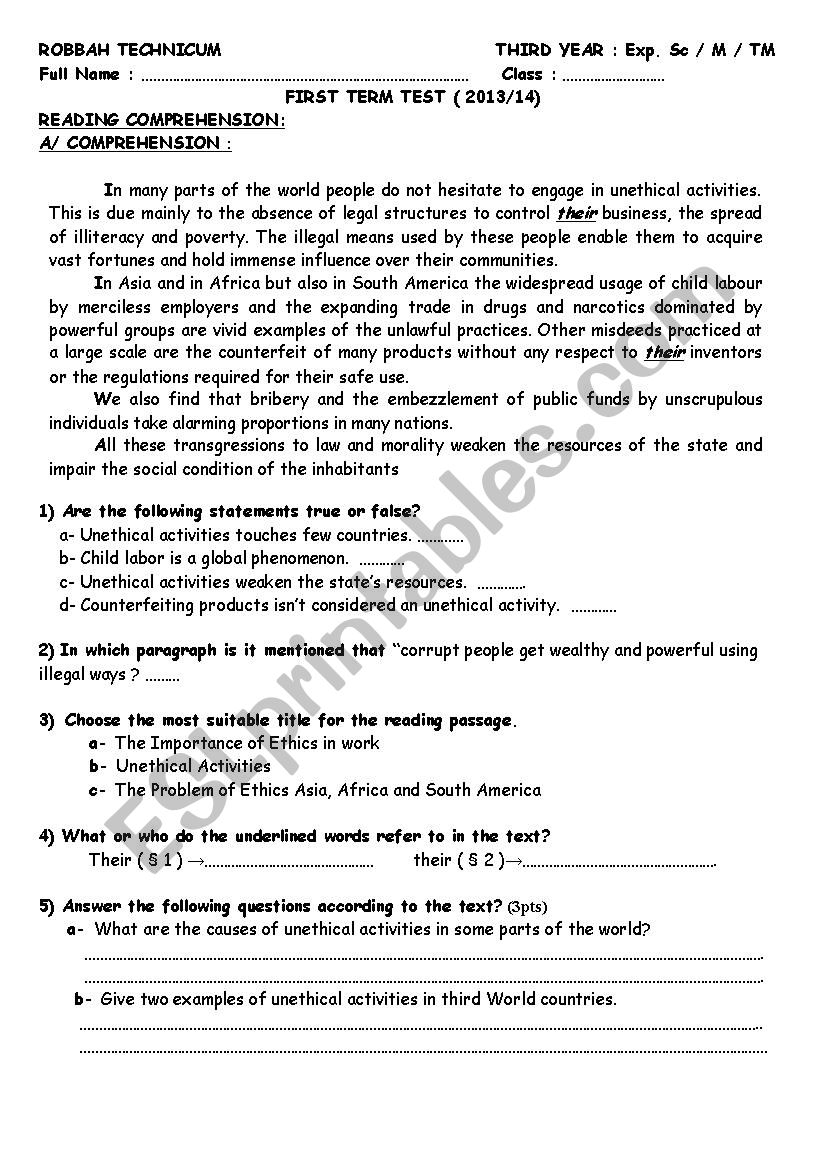 reading comprehension worksheet