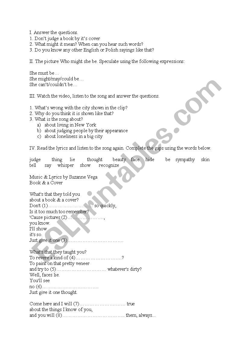 Susan Vega Book and A Cover worksheet