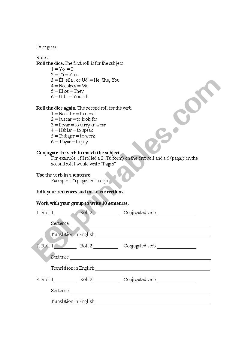 Dice Game with Verbs worksheet