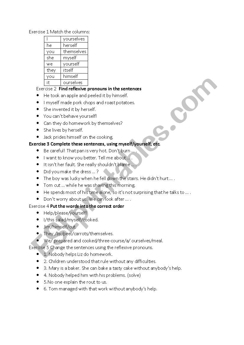 REFLEXIVE PRONOUNS worksheet