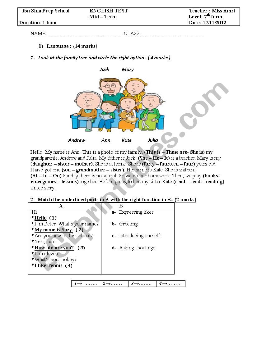 mid term english test n  1  7th form