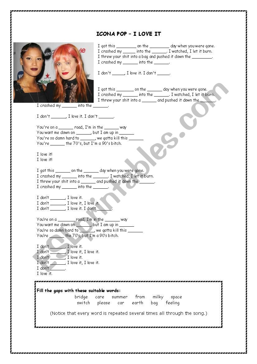 I Love It by Icona Pop worksheet